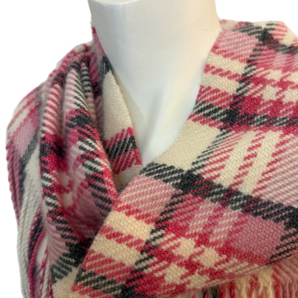 Banana Republic  Pink Tartan Wool-Blend Fringe Scarf – Long 70" Wrap - Picture 5 of 10